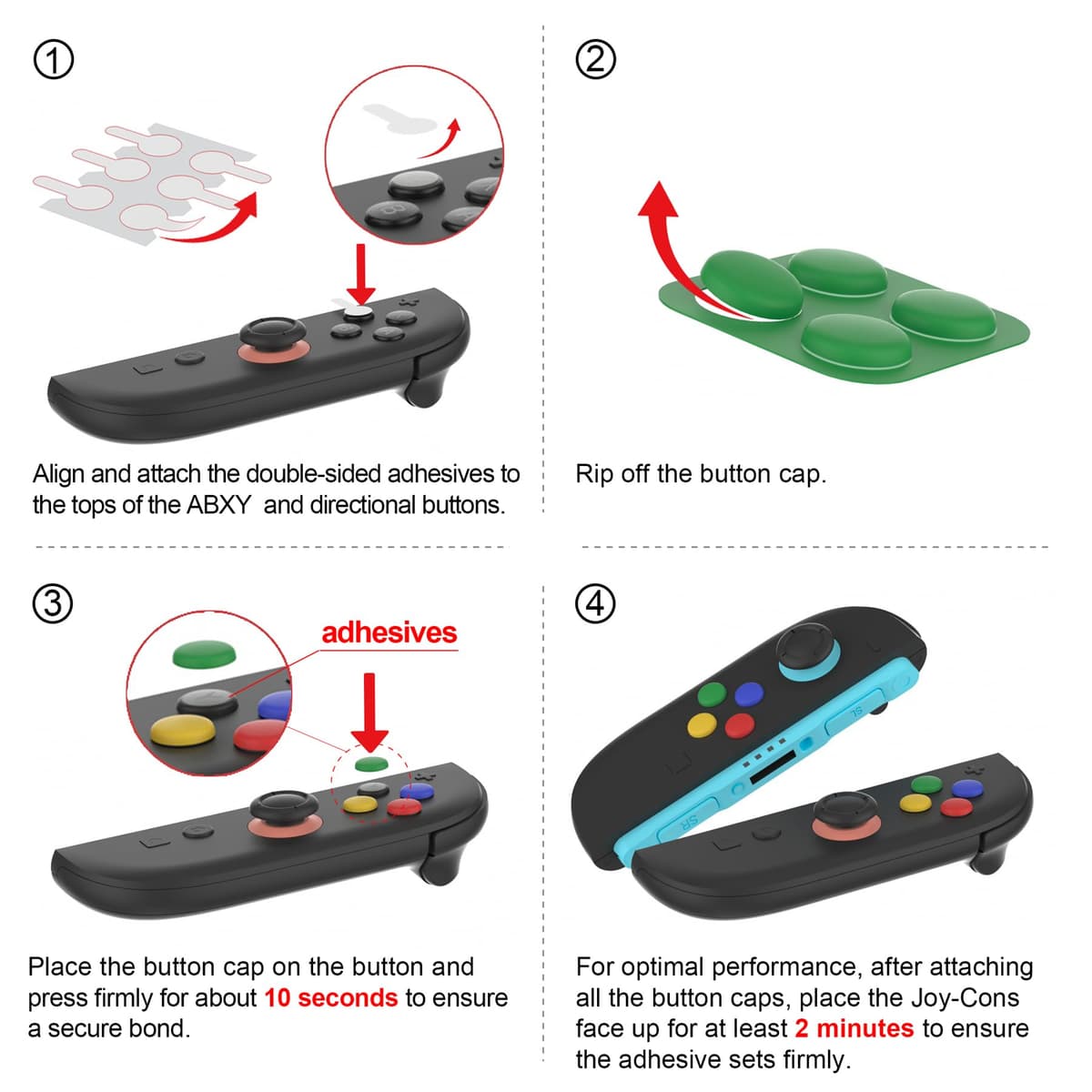 PlayVital Tapas Protectoras de Silicona para Nintendo Switch 2 (2025), 1 Par de Agarres para el Pulgar y 4 Tapas de Botones ABXY Direccionales para Joycon 2, Tapones para Joystick (Negro) — view 4