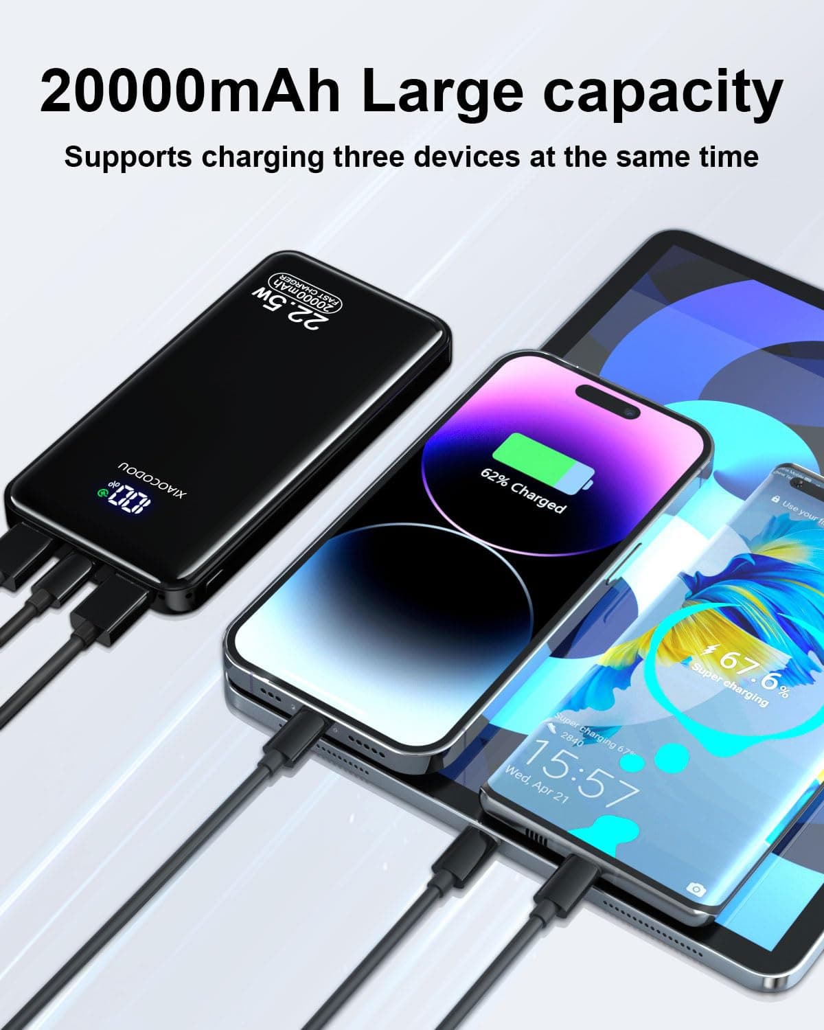 Power Bank 20000mAh, PD3.0 QC4.0 22.5W Fast Charging PD20W USB C Power Bank Portable Charger With LCD Display Compatible with iPhone 17 16 15 14 13 Android and more — view 4
