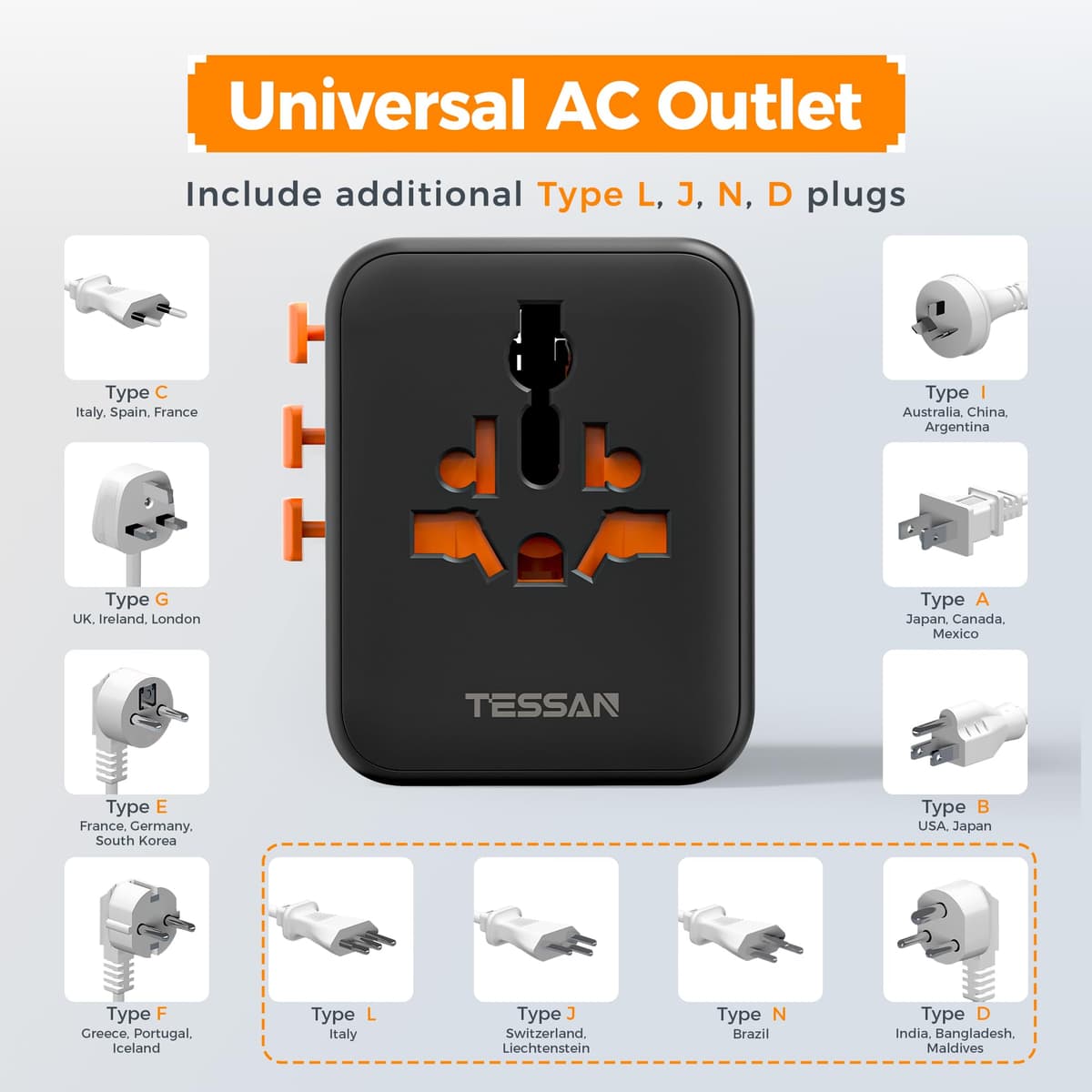 TESSAN Universal Travel Adapter Worldwide with 4 USB (2 USB C), International Travel Adapter UK to European Power Universal Plug Adaptor for EU USA Australia Thailand (Type C, G, A, I), Black — view 7