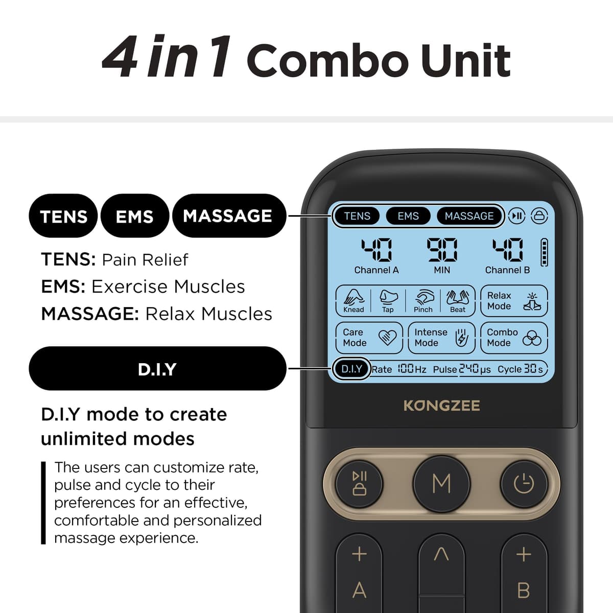 4 in 1 - D.I.Y & Tens Unit & EMS & Massage Muscle Stimulator, Dual Channel Therapy Machine for Pain Relief, FDA Cleared Rechargeable Electronic Pulse Massager,with 12pcs Electrode Pads — view 3