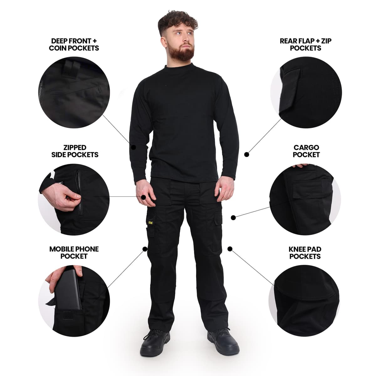 SITE KING Mens Multi Pocket Cargo Combat Work Trousers Size 28 to 52 with Knee Pad Pockets, Black Cargo Trousers for Men UK, Utility Work Trousers Men. — view 4
