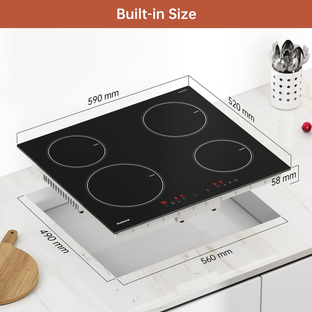 Induction Hob, 4 Cooking Zone, 60 cm, 7200W, Continuous Low Power Heating, Booster, 9 Heat Levels, Timer, Auto Shut-Off, Child Safety Lock, Pan Sensor,Hard Wired, No Plug — view 3