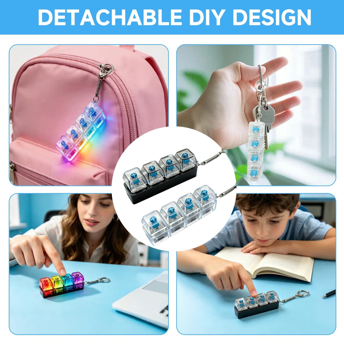 2 Pezzi Tastiera Fidget, Portachiavi Quattro Tasti, Giocattoli Antistress Gradient Clicker Pulsante, Fidget Toys per Adulti, per Alleviare lo Stress, Tempo Libero, Ufficio — view 5