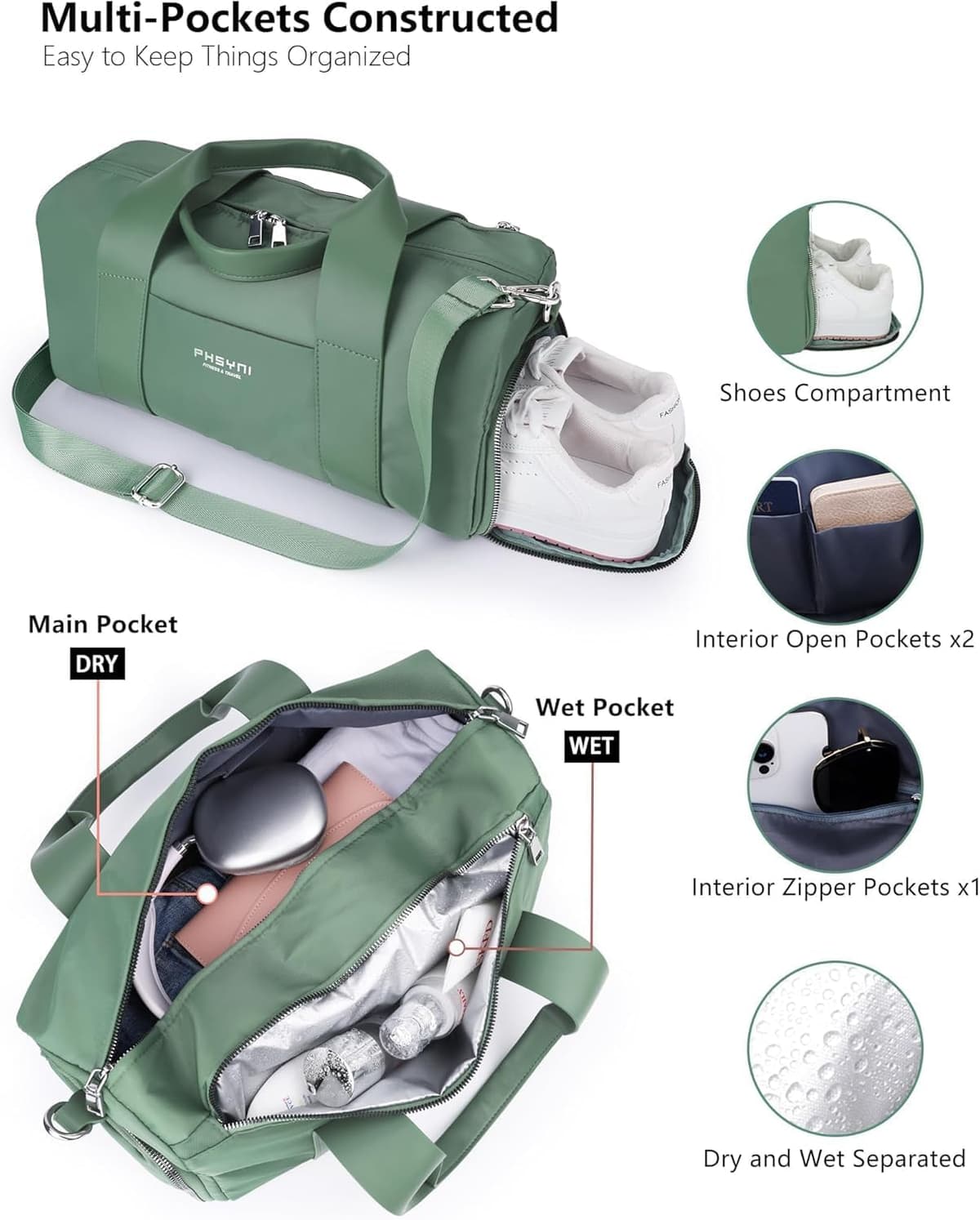 Pequeña Bolsa De Deporte para Mujeres, Niñas y Niños,Diseño para Fitness,Entrenamiento, Baile, Ballet, Natación con Zapatero Independiente y Bolsillo Impermeable(Verde,40x19x20 cm,15L) — view 3