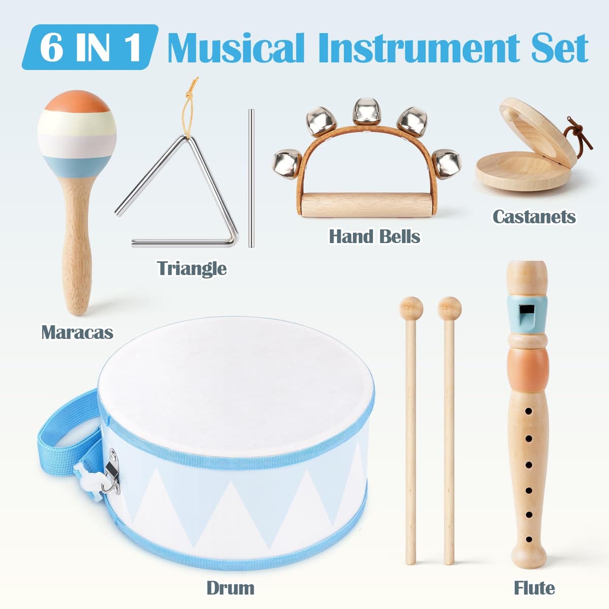 Instrumentos Musicales Bebe - Tambor Infantil 6 en 1, Juguete de Madera con Trompeta, Tambor para Niños, Juguete Montessori para Bebés - Regalo para Niños y Niñas de 2, 3, 4 Años — view 2