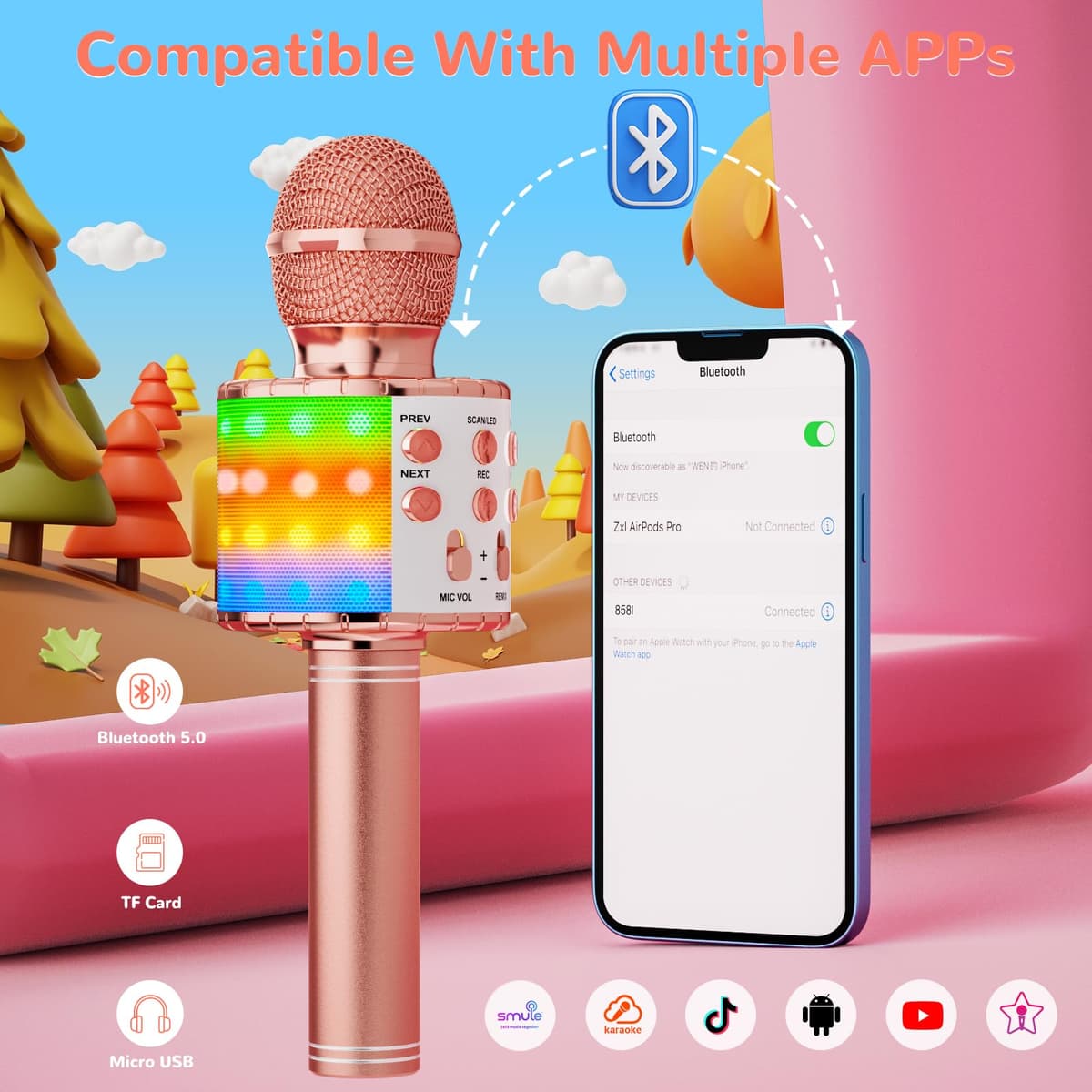 Ankuka Micrófono Karaoke Bluetooth Micrófono Inalámbrico para Niña con Luces LED Regalo Juguetes para Niños, Cambiador de Voz, Compatible con Android, iOS, PC Oro Rosa — view 6