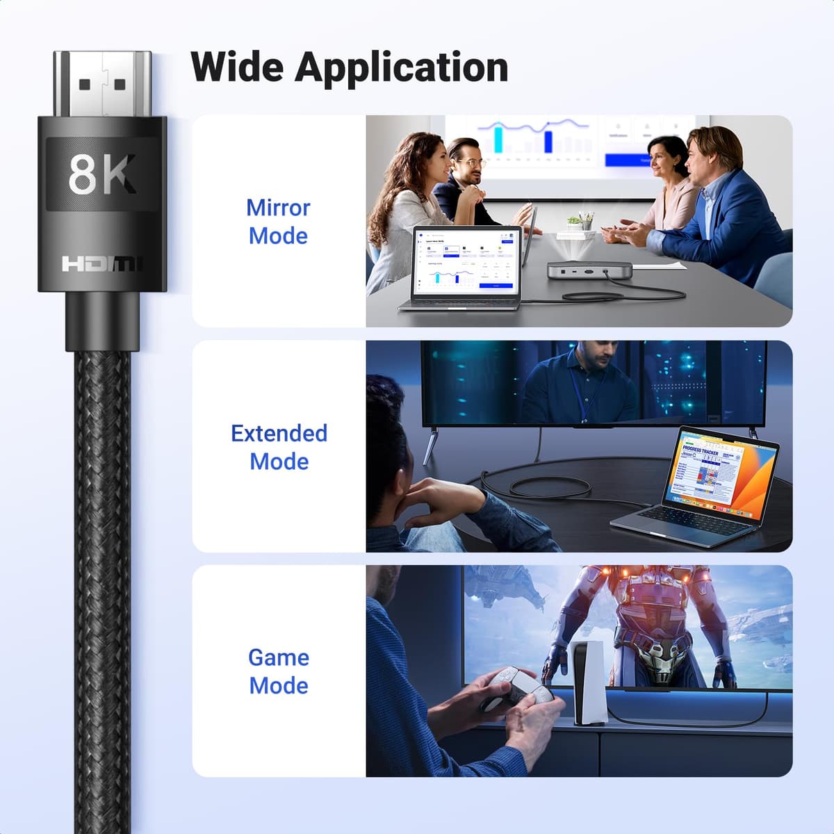 UGREEN HDMI 2.1 Cable 10K 8K 4K 1440P@240/165/144/120Hz eARC HDR Ultra High Speed 48Gbps HDCP 2.3 Dolby Atmos Vision Compatible with PS5/4 Xbox Series S/X Soundbar TV Gaming Monitor Laptop PC DVD(2M) — view 8