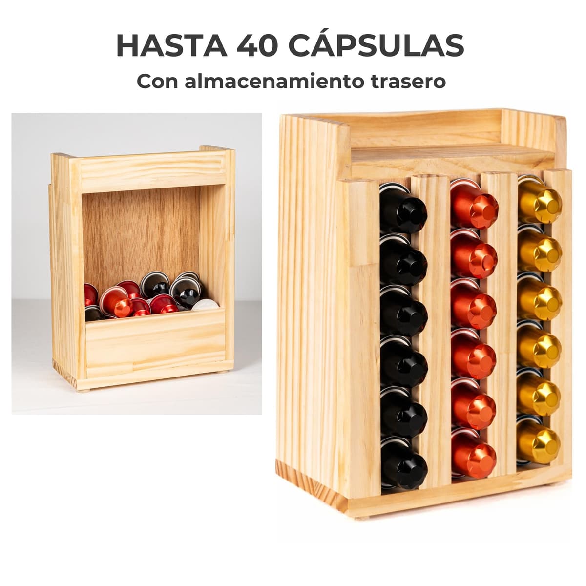 Porta Cápsulas Madera 40 Unidades – Organizador Vertical con Bandeja Superior y Almacenamiento Trasero – Compatible Tipo Original — view 2