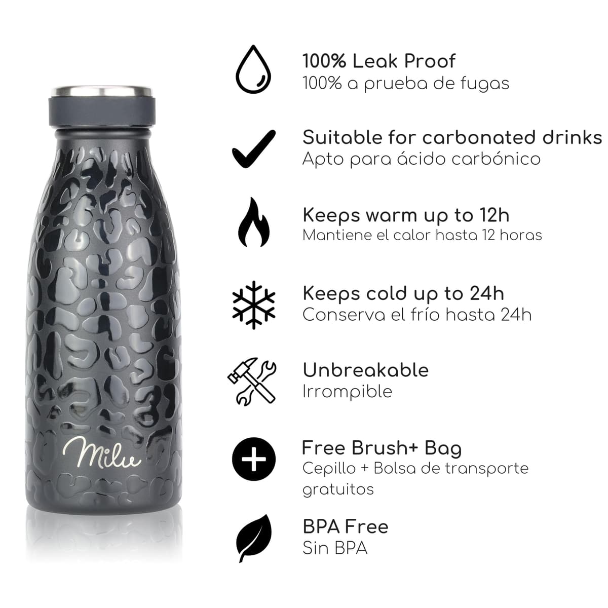 Milu Botella de acero inoxidable de 350ml 500ml 750 ml 1 L 1,5 L botella de agua aislada, termo a prueba de fugas, doble pared, apta para ácido carbónico + cepillo de limpieza (Azul Violeta, 350ml) — view 221