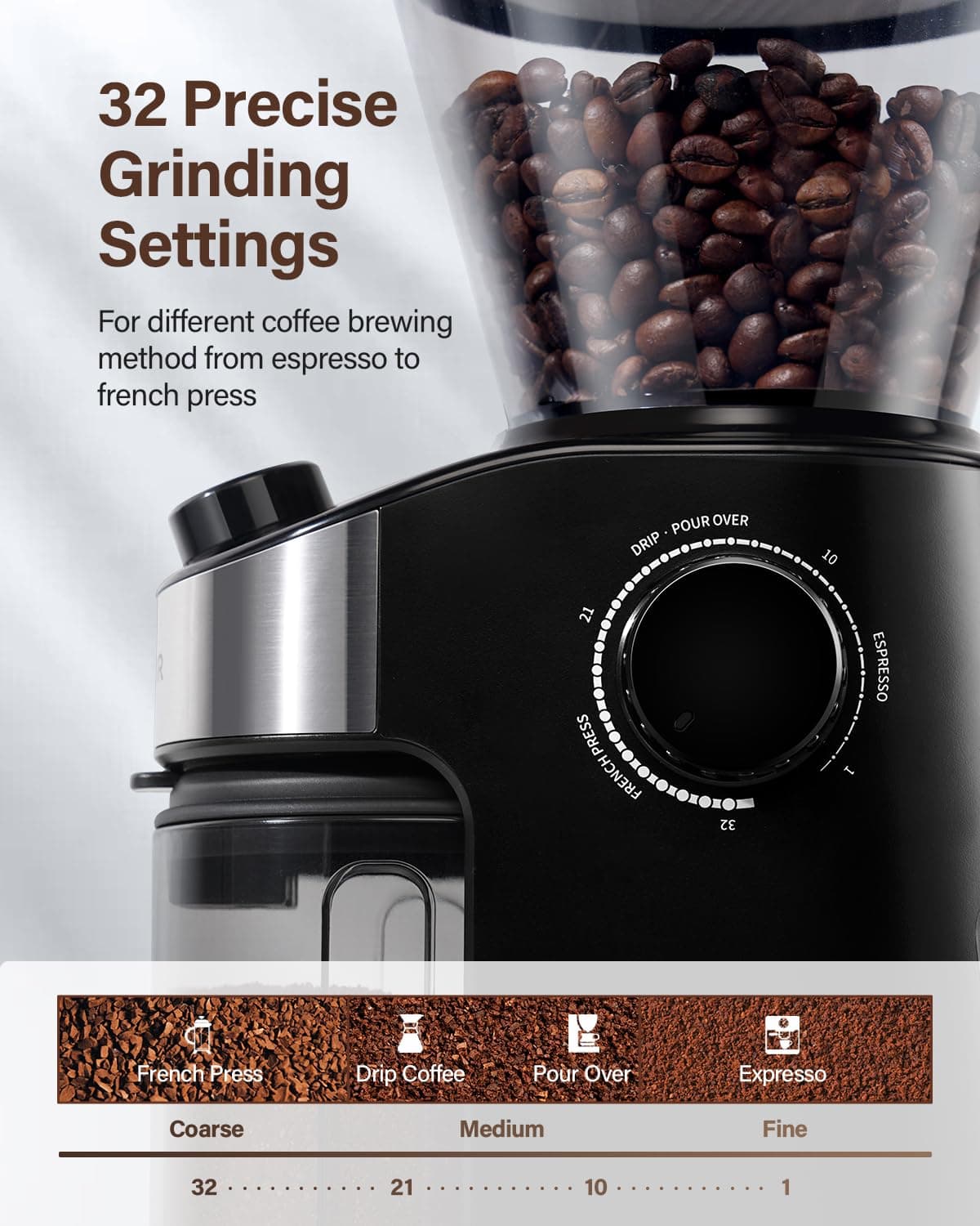 SHARDOR Burr Coffee Grinder Electric with 32 Grinding Sizes 3.0, Coffee Grinders for Home Use with 40 Seconds Adjustable Electronic Timer, Coffee Bean Grinder with Chamber Cleaning Button — view 3