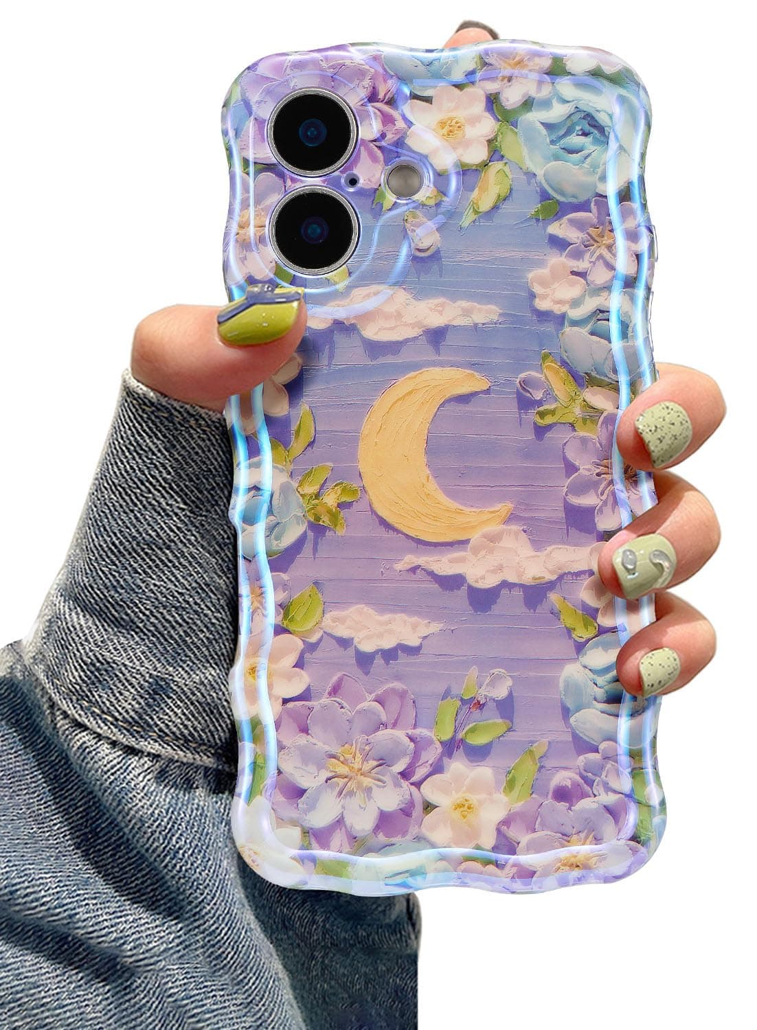 EYZUTAK Case for iPhone 17 Pro, Colorful Retro Oil Painting Printed Flower Laser Glossy Pattern Cute Curly Wave Edge Exquisite Phone Cover Stylish Durable TPU Protective Case for Girl Women-Green — view 31