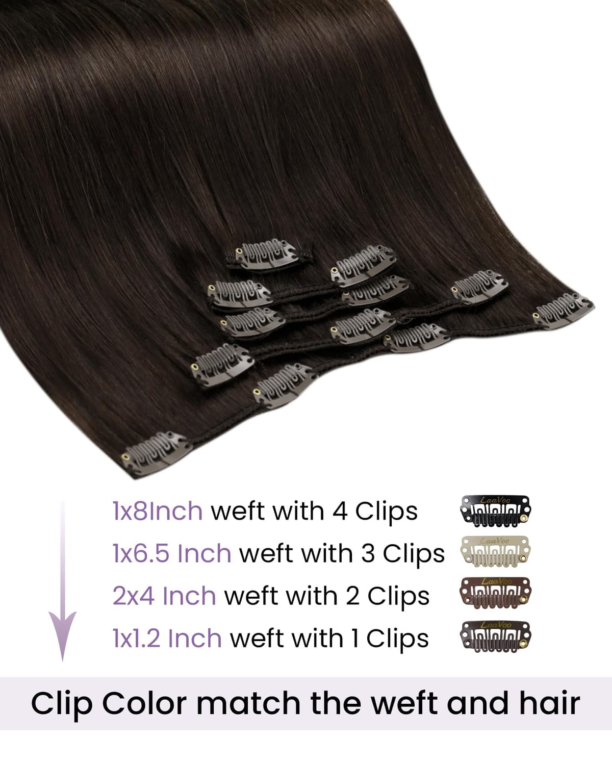 LaaVoo Clip in Hair Extensions Real Human Hair Dark Brown Hair Extensions Clip in Straight Remy Darkest Brown Hair Full Head Double Weft 80g 5pcs 12 Inch #2 — view 2
