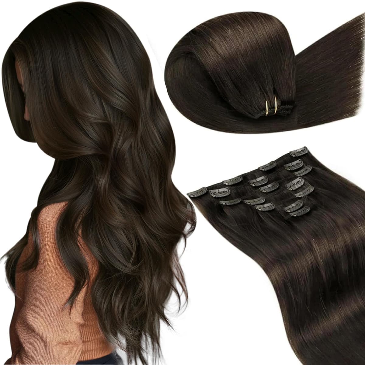 LaaVoo Hair Extensions Clip in Real Human Hair Brown Clip in Hair Extensions Dark Brown Remy Straight Hair Full Head Double Weft 80g 5pcs 14 Inch #4 — view 56