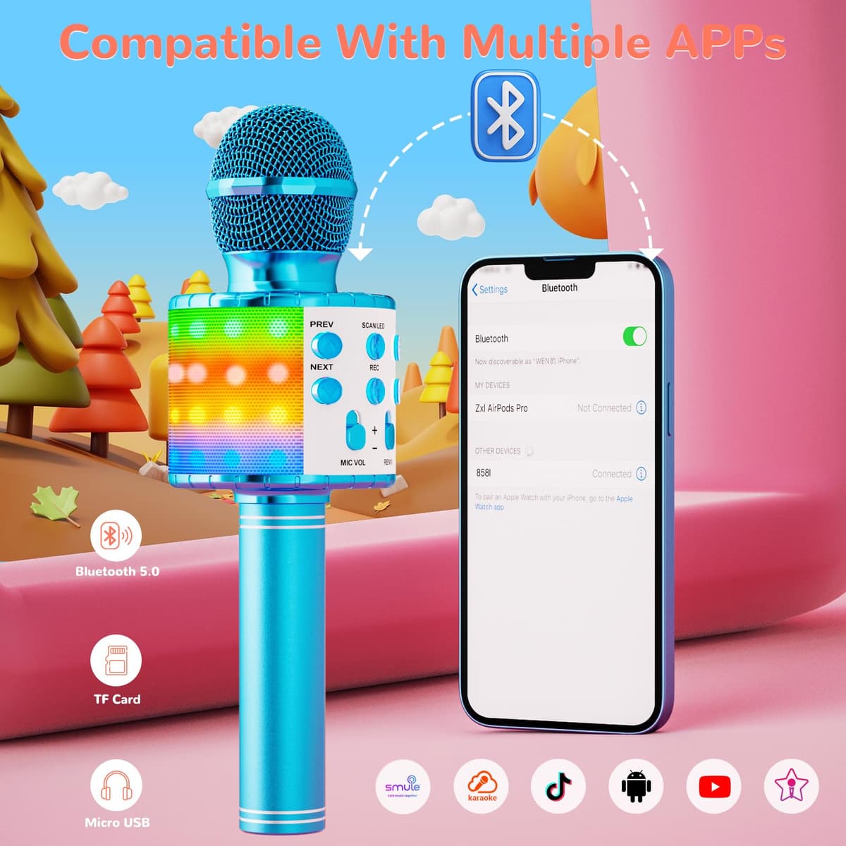 Ankuka Micrófono Karaoke Bluetooth Micrófono Inalámbrico Karaoke Micrófono Niña con Luces LED Regalo Juguetes para Niños Micrófono Cambiador de Voz, Compatible con Android, iOS, PC Azul — view 6