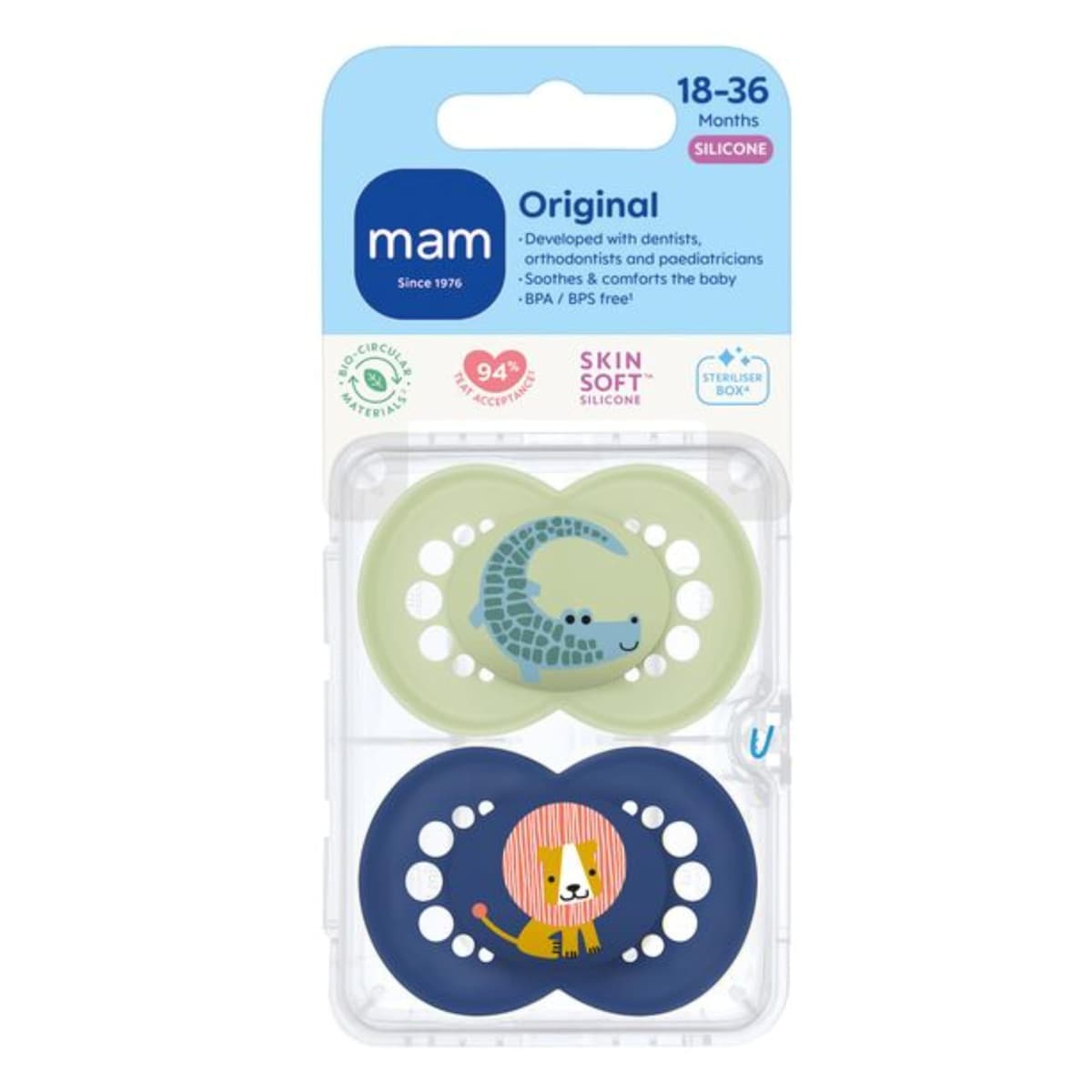 MAM Original Soothers | 18-36 Months | Pack of 2 | Comes in Dummy Steriliser Box | Sustainable Materials | Baby Accessories | Blue/Green (Various Designs) — view 2