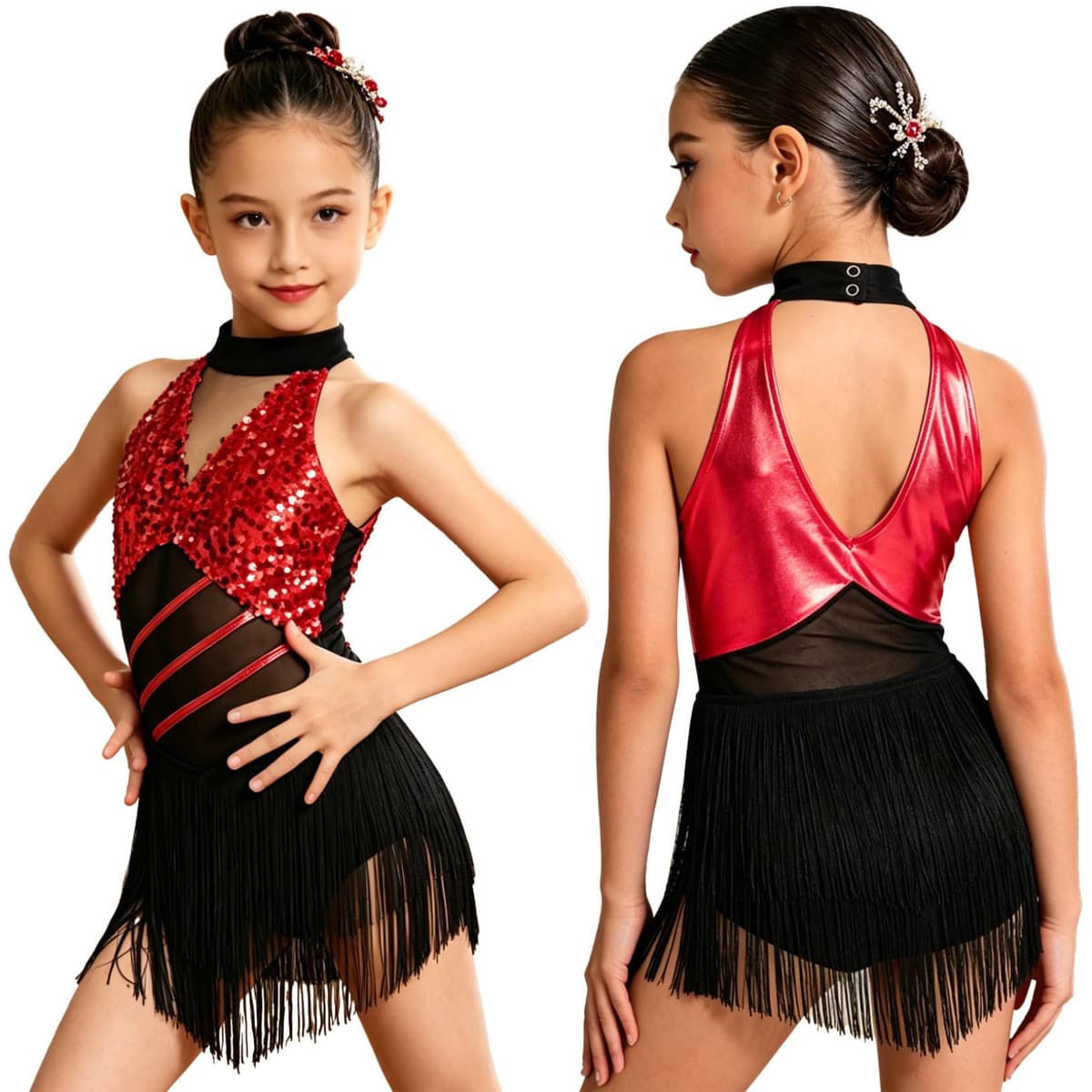 Freebily Vestidos Baile Salsa Samba Rumba con Flecos Niña Leotardo De Baile Latino Espalda Abierta Trajes De Bailarina Cha Cha — view 7