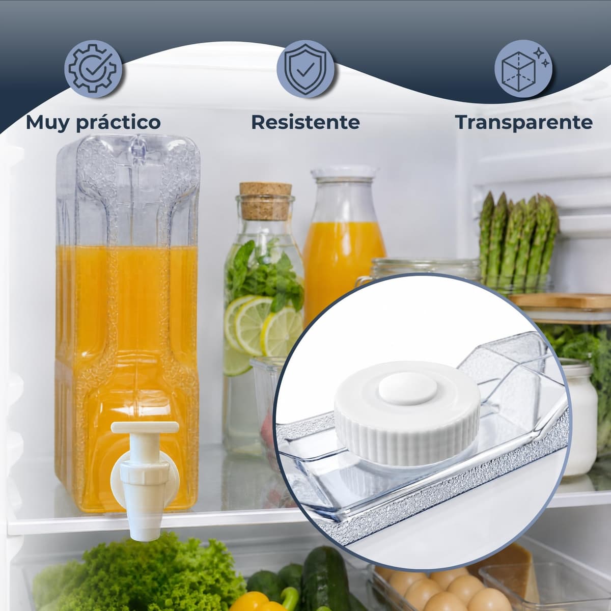 Dispensador de Agua Fria para Nevera, Dispensador de Bebidas de plástico, Ergonómico con asa, Plástico PETG Libre de Fugas, Libre BPA, Dimensiones 26 cm Largo x 21 cm Alto x 7 cm Ancho, 3 litros — view 5