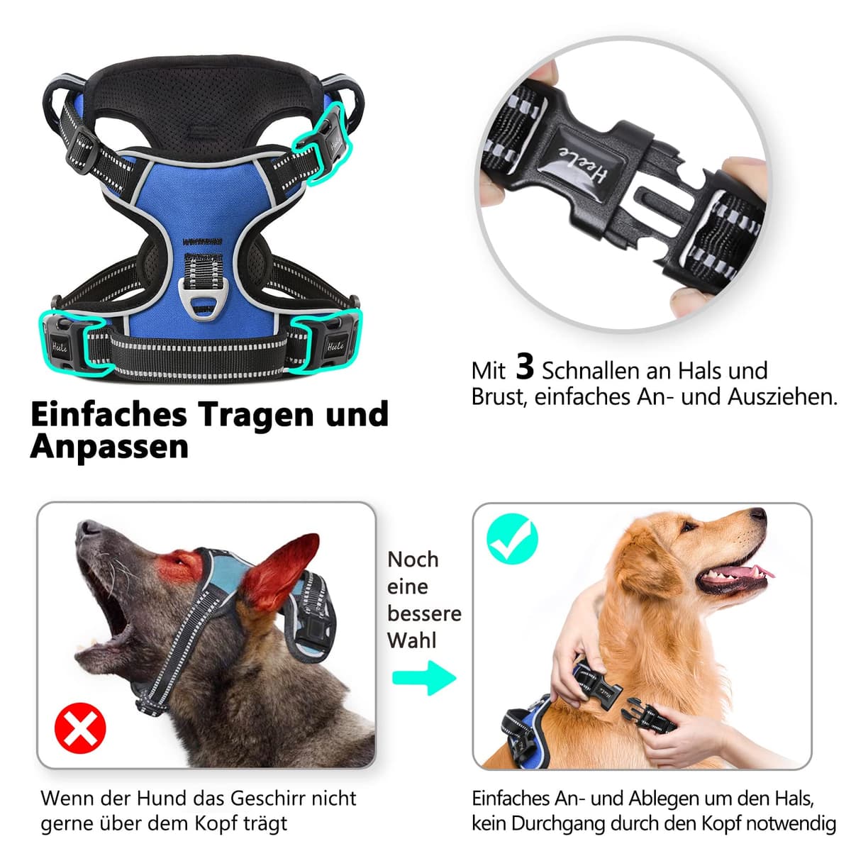 HEELE Arnes para Perro Pequeño Antitirones Transpirable con Asa Acolchado y Líneas Reflectantes, Confort, Arnés Pecho Ajustable, Arnés para Perros 3 Hebillas de Liberación Rápida, Azul, S — view 2