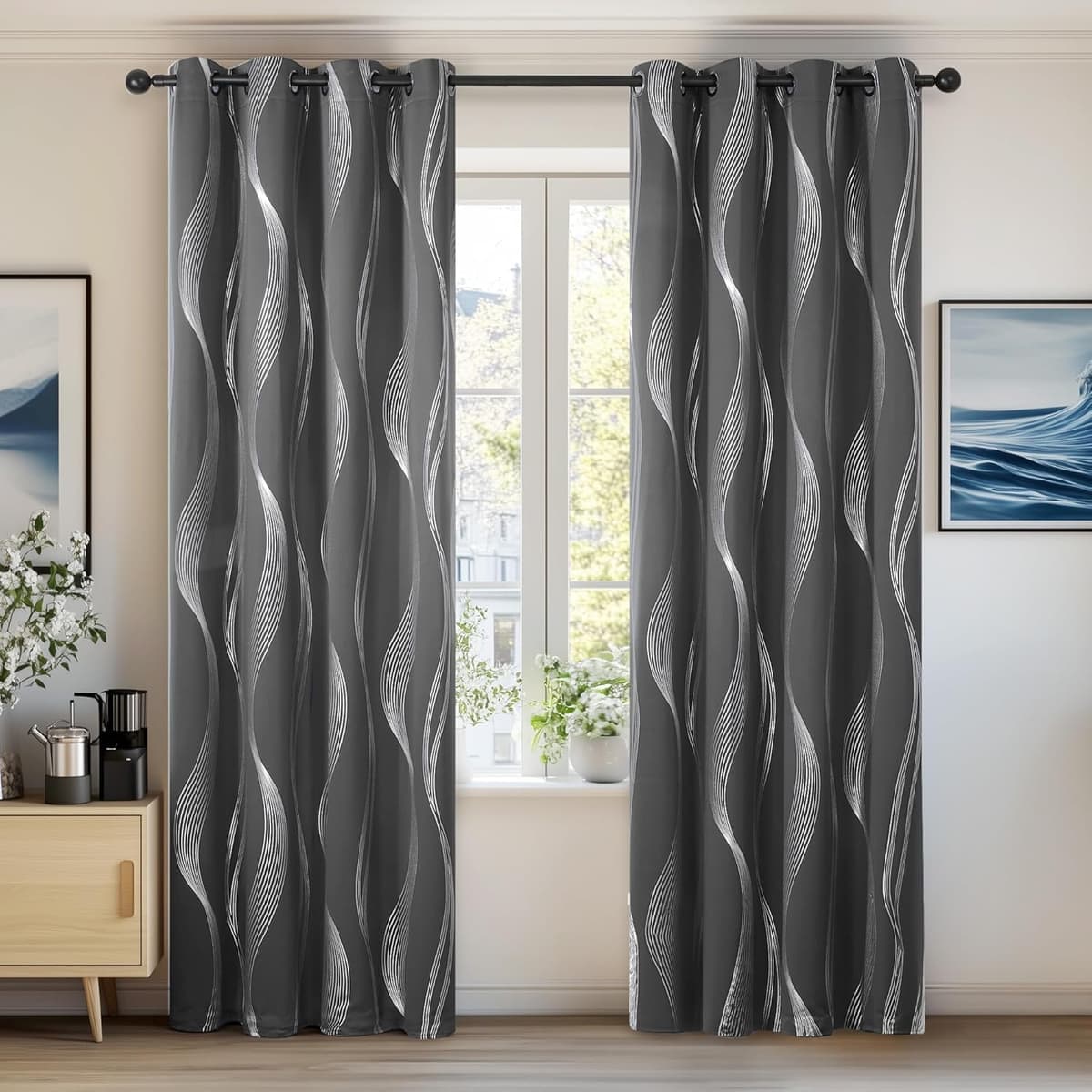 Deconovo Grey Blackout Curtains for Living Room 72 Drop Silver Wave Line Foil Printed Blackout Curtains Thermal Insulated Curtains Eyelet Curtains for Baby Nursery 46 x 72 Inch Light Grey Two Panels — view 53