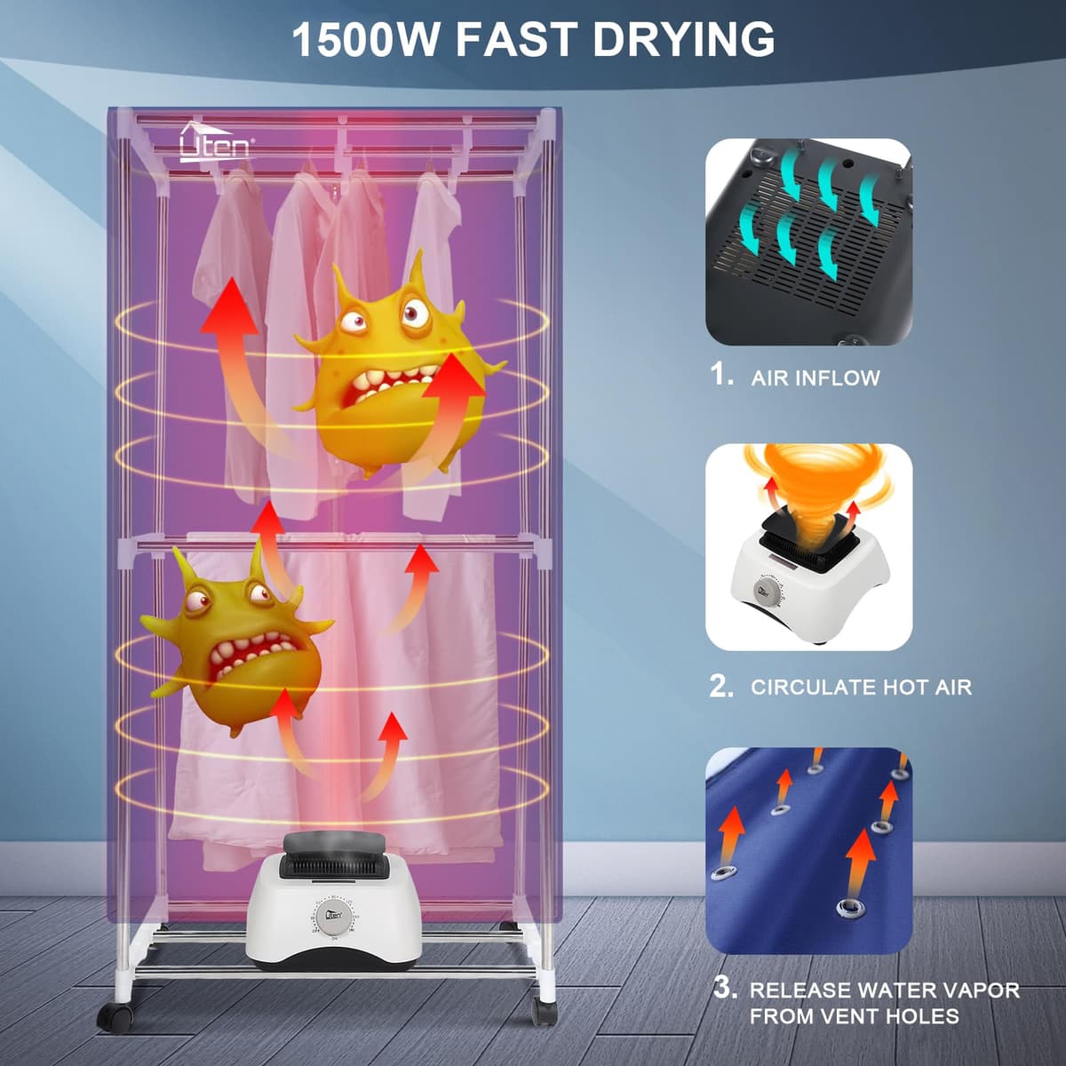 Electric Clothes Dryer Warm Air Drying Wardrobe Electric Clothes Drying Rack Double layer Stackable for Apartments 1500W Blue — view 3
