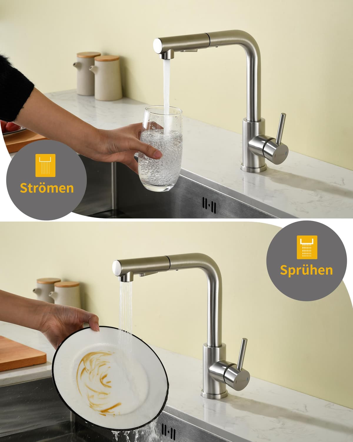 Grifo de cocina Baollansa, grifo extractable con alta presión, grifo de fregadero de cocina con ducha, 2 tipos de chorro de agua, grifo de cocina de acero inoxidable, giratorio 360° (cepillado) — view 3