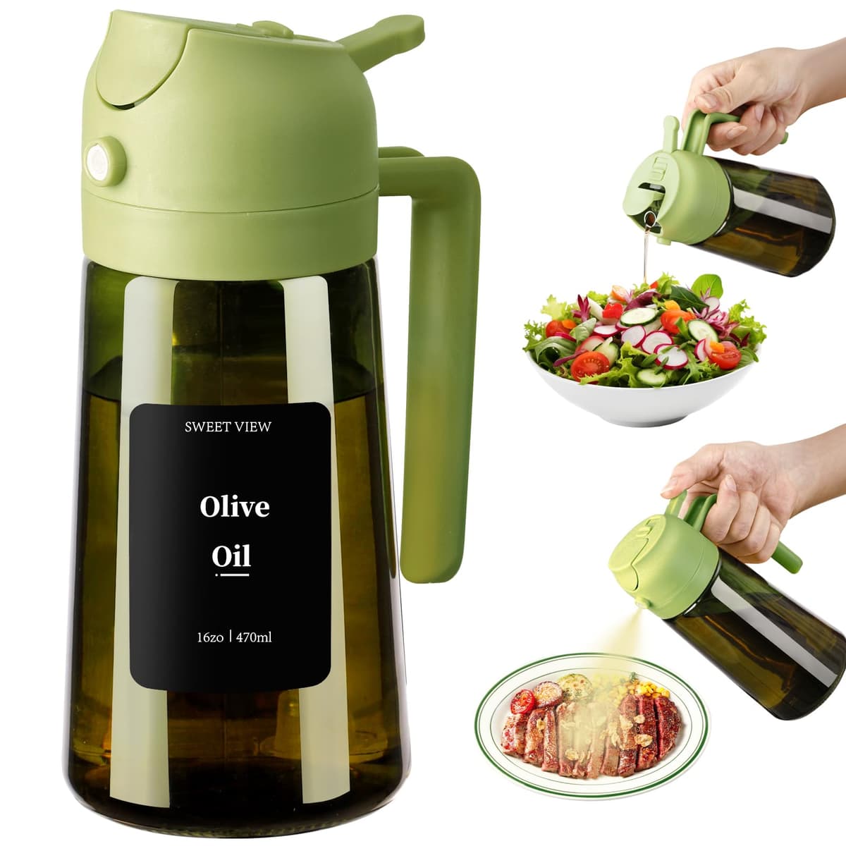SWEET VIEW Dispensador de aceite de oliva y pulverizador de aceite, vertedor de aceite de vidrio a prueba de luz de 470 ml para cocina, freidora de aire, cocina, ensalada y barbacoa — view 11