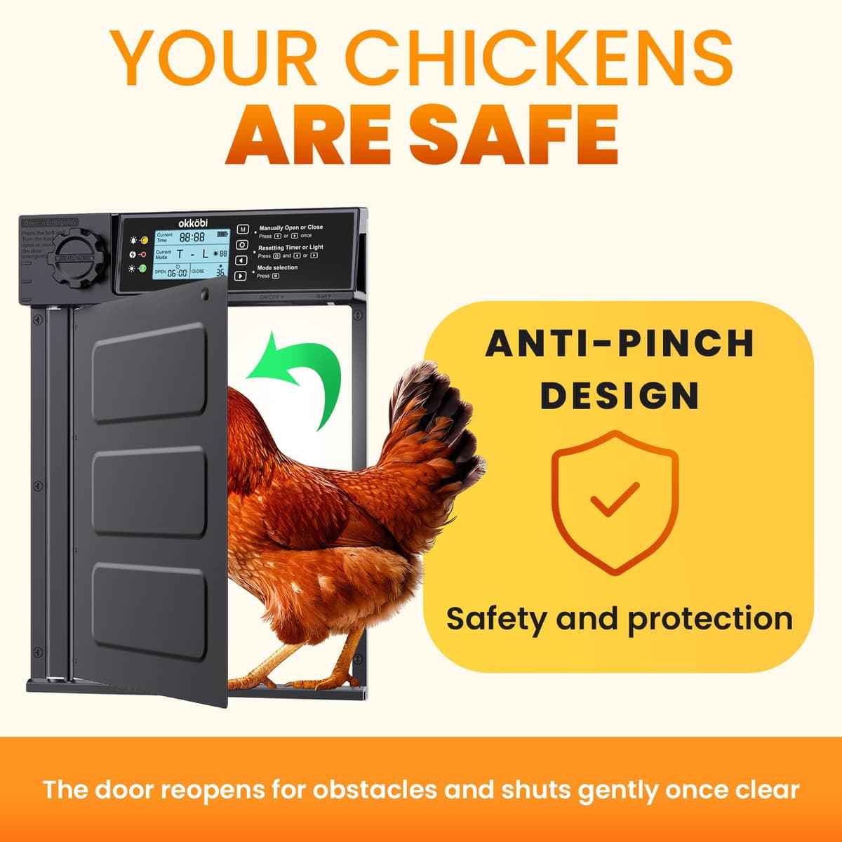 Okköbi Automatic Chicken Coop Door PRO - Light Sensor & Timer - Anti-Pinch Function - Wide Opening - New Model - Solar Powered with LCD Display & Remote Control - 5 Year Protection — view 3
