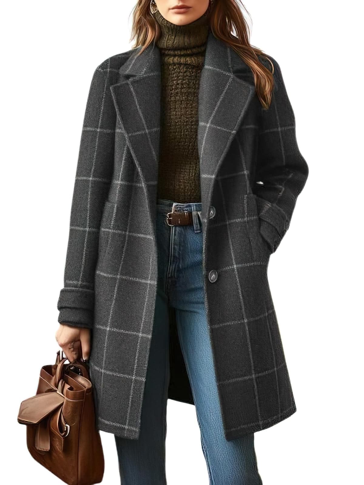 Women's Retro Plaid Lapel Coat, Mid-Length Casual Elegant Outerwear for Autumn Winter