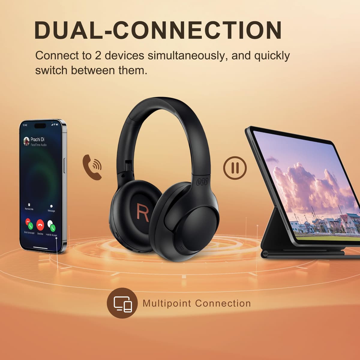 QCY H3 Cascos Inalámbricos Bluetooth 5.4 Diadema con Cancelación de Ruido Activa Híbrida, Hi-Res Audio, 60 Horas de Reproducción, Plegables Auriculares Over Ear Compatible con iOS/Android — view 7