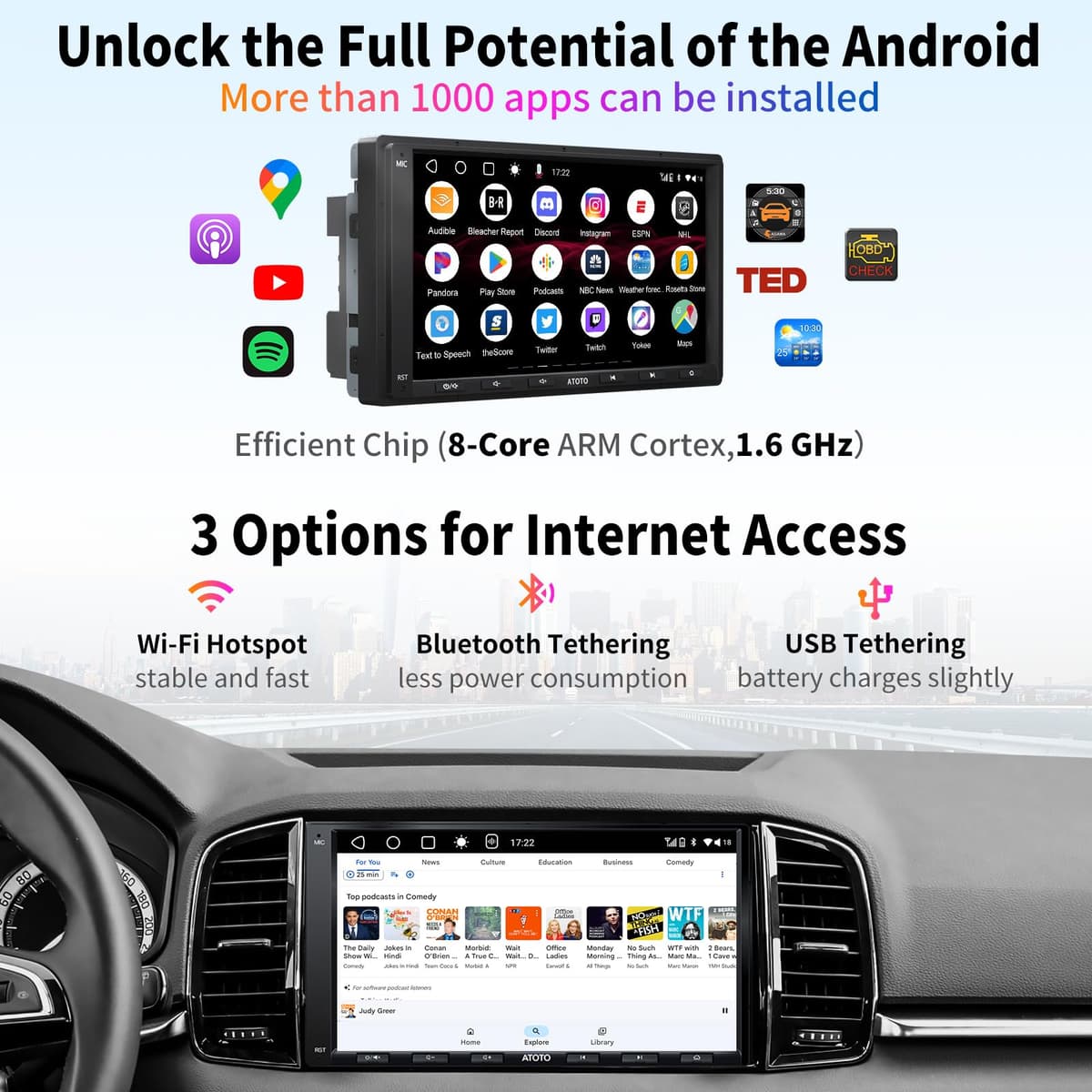 ATOTO A6PF Android Radio 2 DIN, CarPlay inalámbrico, Android Auto inalámbrico, Pantalla táctil de 7 Pulgadas Dab+ Autoradio, 2 Bluetooth, Conexión a Internet WiFi/BT/USB, HD LRV, 2G+32G, A6G2A7PF — view 3