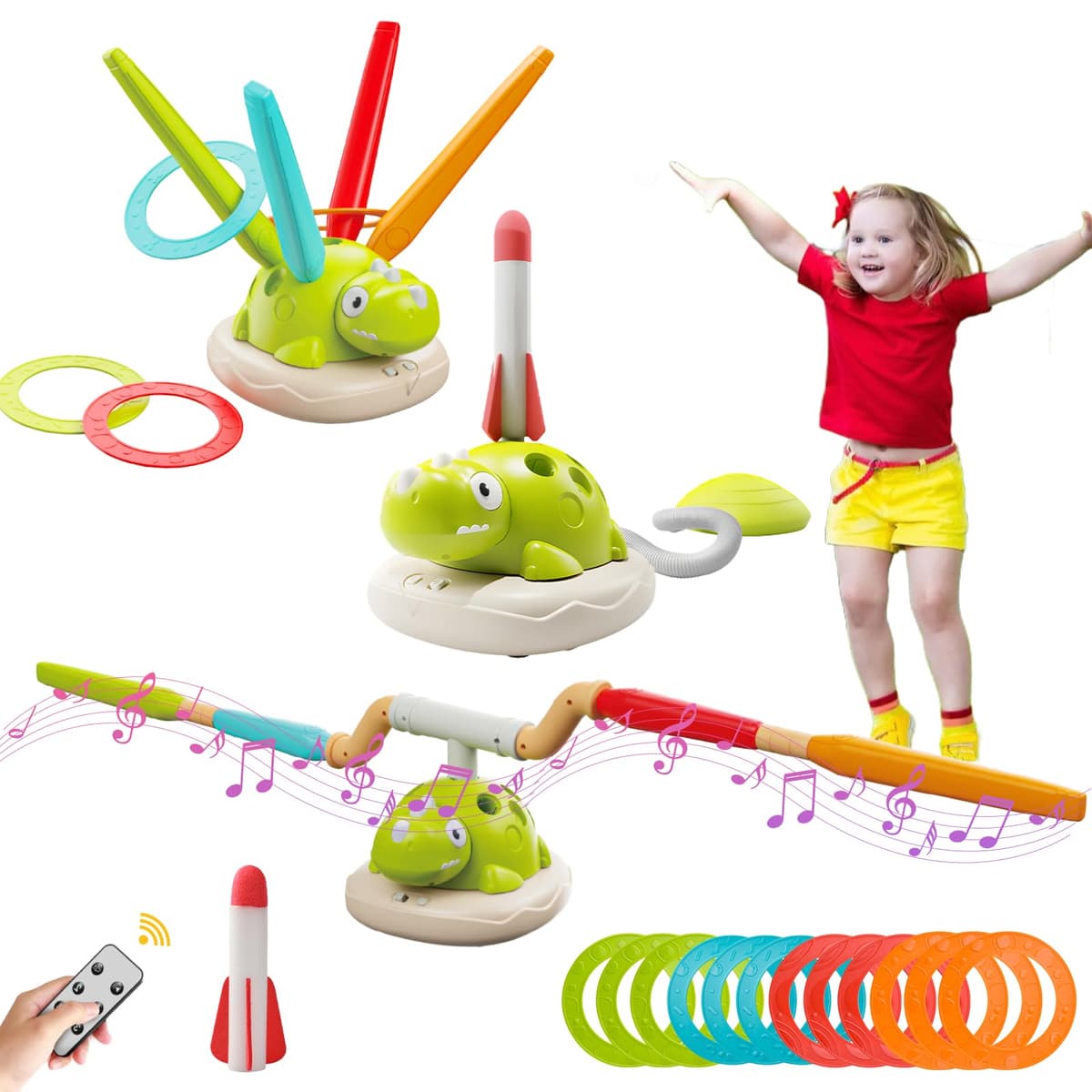 Outdoor Toy 3 in 1 for Children + 3 Years - Multifunctional Sports Set with Jump Rope, Ring Launcher and Rocket, 4 Speed, Music and Controller for Garden/Camping/Family