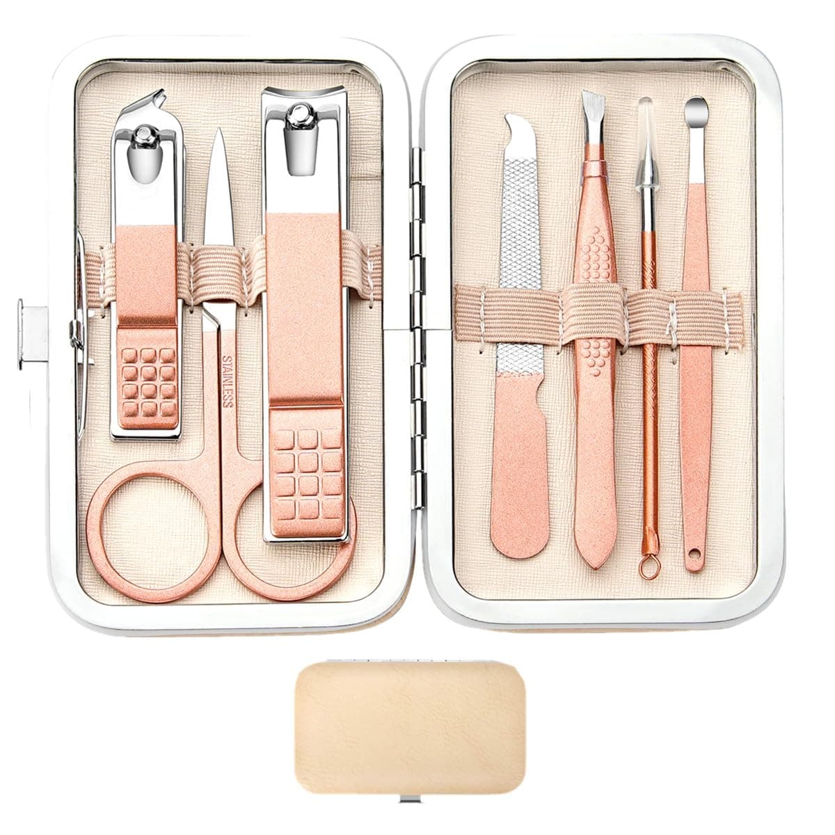 Juego de cortaúñas de acero inoxidable para mujeres y hombres, herramientas de cuidado personal con estuche de viaje portátil, herramientas de manicura y pedicura, kit de aseo para mujeres y hombres