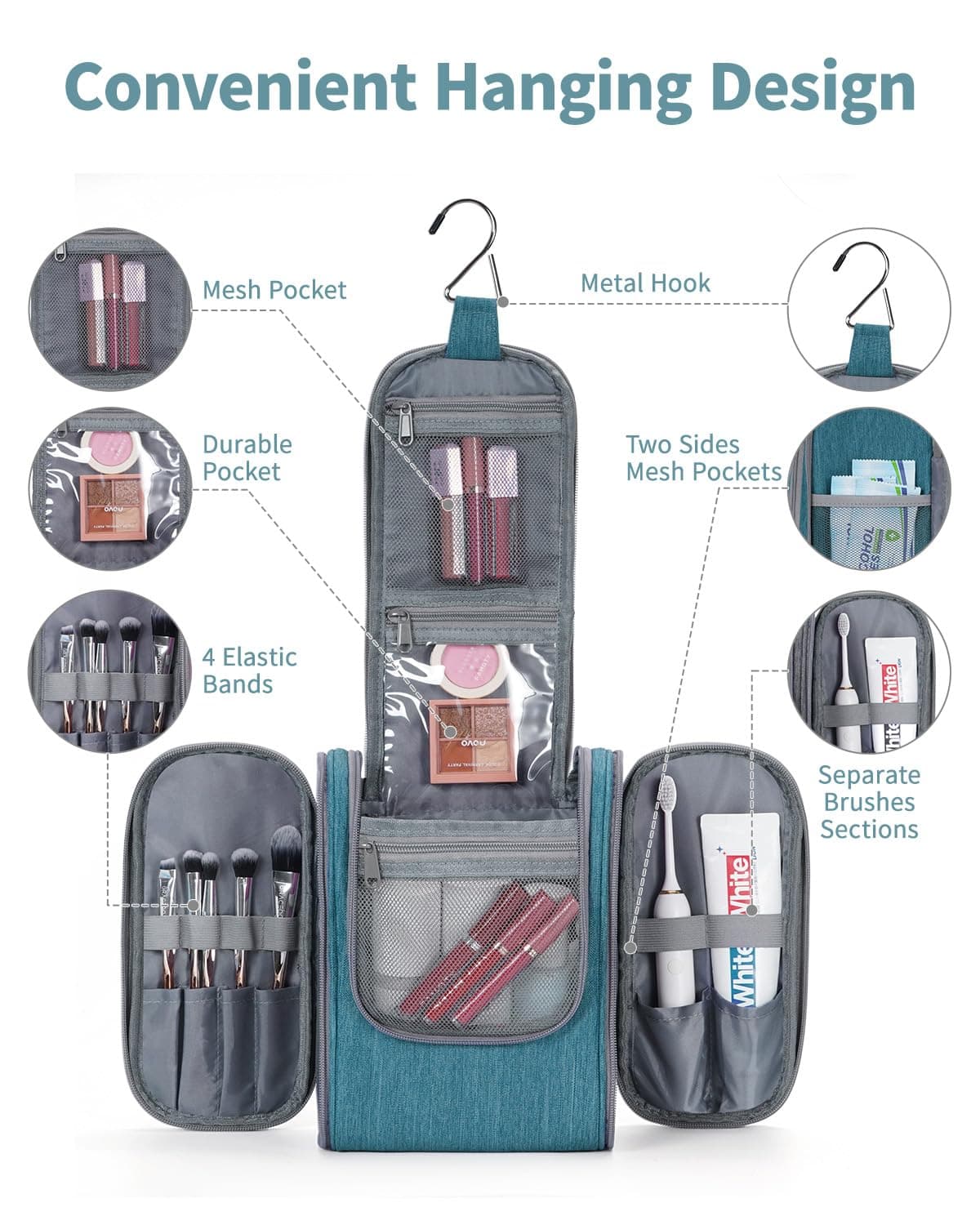 Narwey Neceser Mujer Bolsa de Aseo Colgante, Organizador de Maquillaje Neceser Viaje para Hombre y Mujer Accesorios de Viaje (Verde Azulado(Pequeño)) — view 3