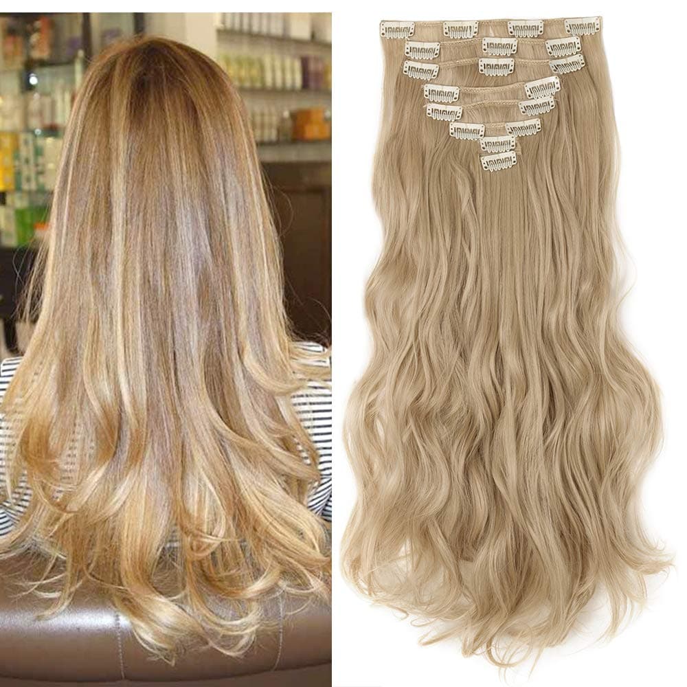 24"(60cm) SEGO Extensiones de Cabello Clip de Pelo Sintético Se Ve Natural 8 PCS [Sandy Rubio mezcla Blanqueador Rubio] Rizado Ondulado Largo Postizos Pelucas (140g) — view 36