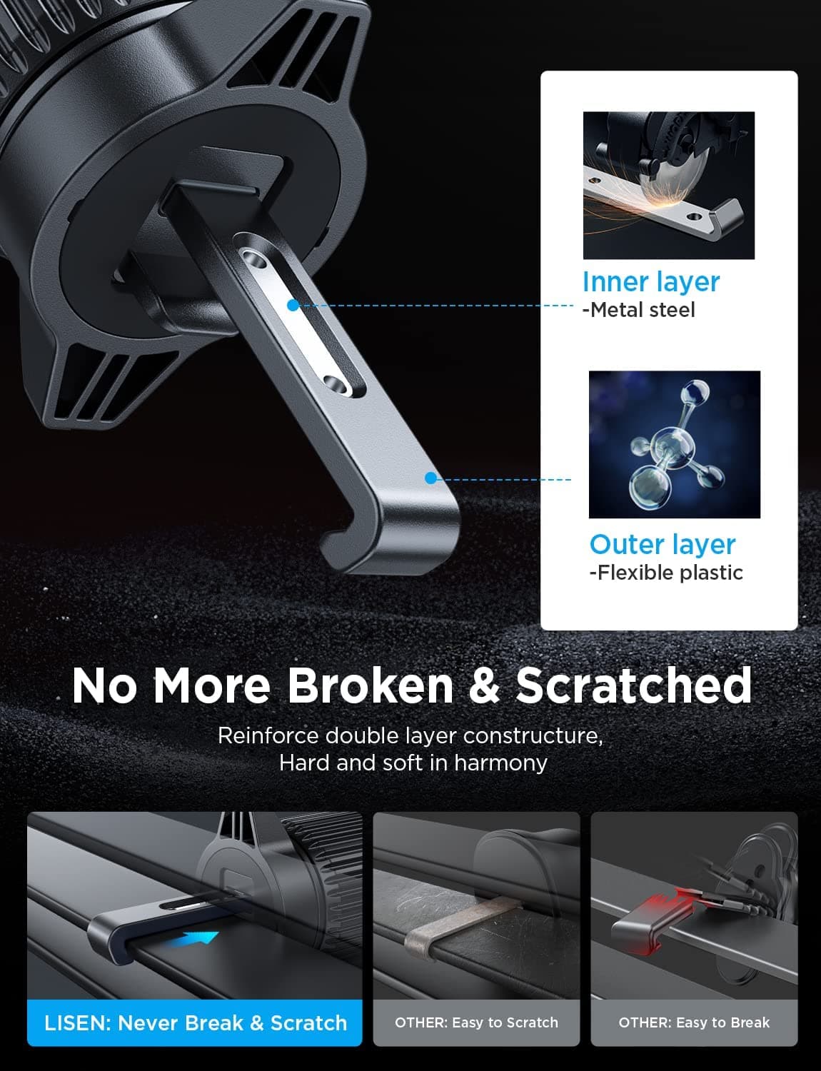 LISEN Car Phone Holder for Cars, Mobile Phone Holder Cars Air Vent, [Ultra Stable] Car Accessories Phone Mount Installation Equipment Best for iPhone 17 16 Pro Max Air Galaxy A55, All 4''-7''phones — view 6
