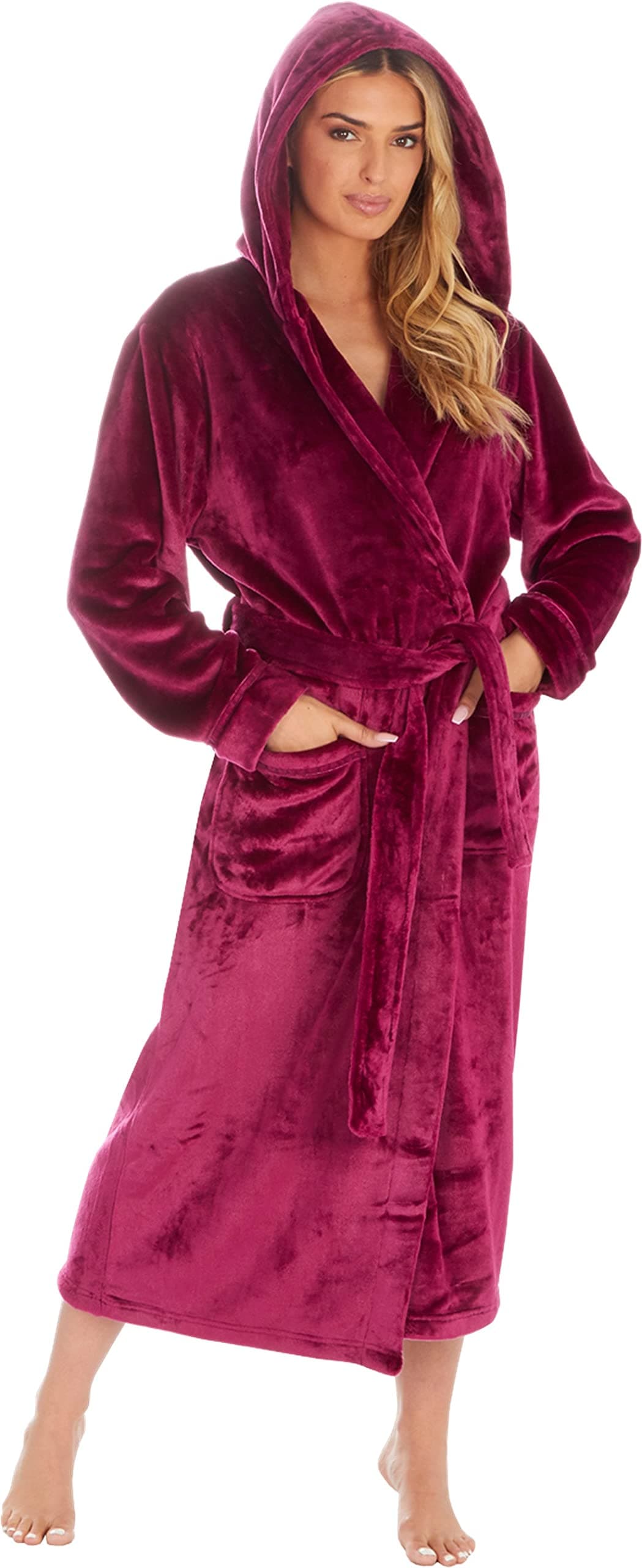 KATE MORGAN Ladies Dressing Gown Fluffy Super Soft Hooded Bathrobe for Women Plush Fleece Perfect Loungewear Long Robe | Gifts for Women — view 24