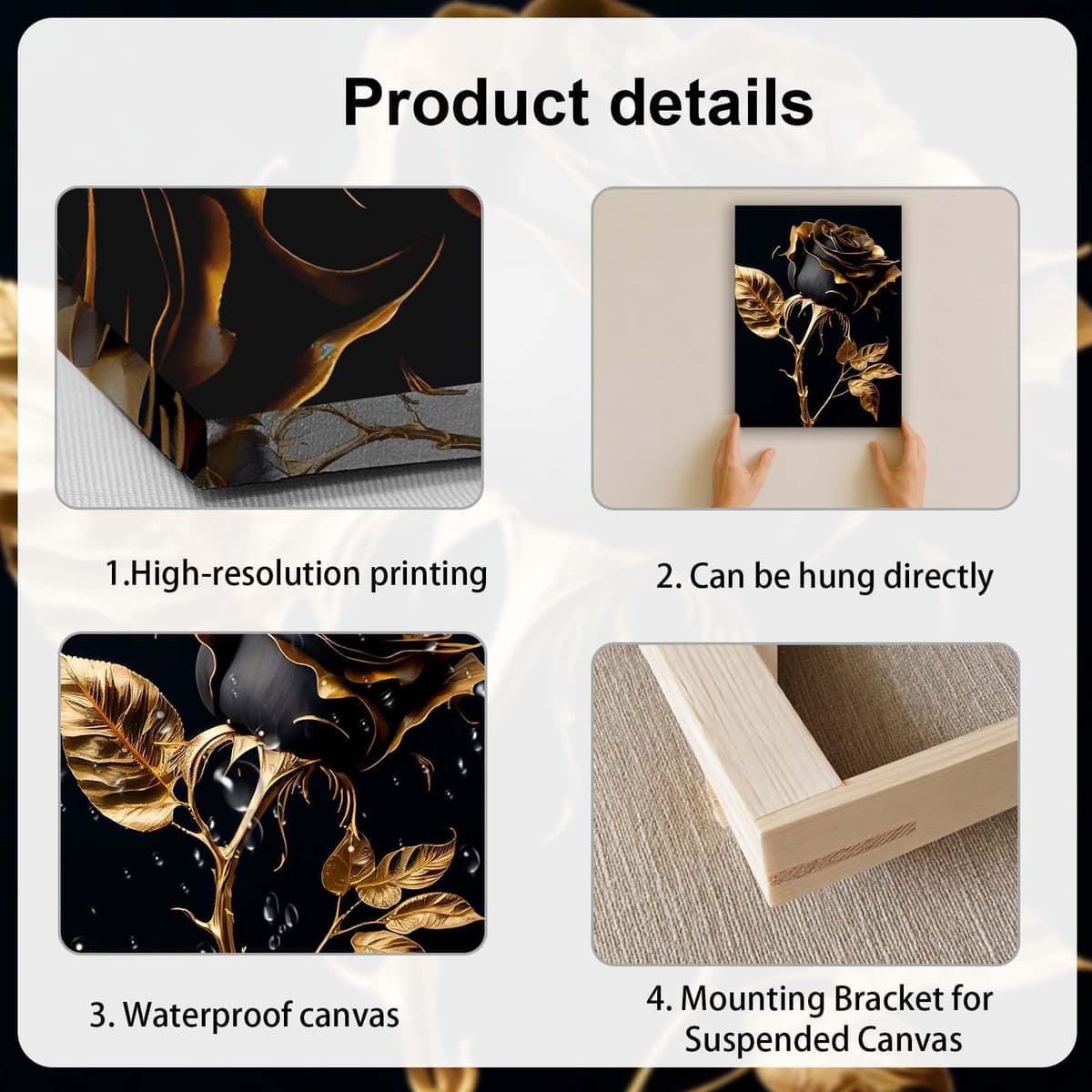 Galmcook Framed Canvas Wall Art 12x16 Inch Black and Gold Rose Modern Artwork Elegant Floral Wall Canvas for Living Room Bedroom Hallway Wall Decoration Prints with Hooks Magic Tape and Nails — view 7