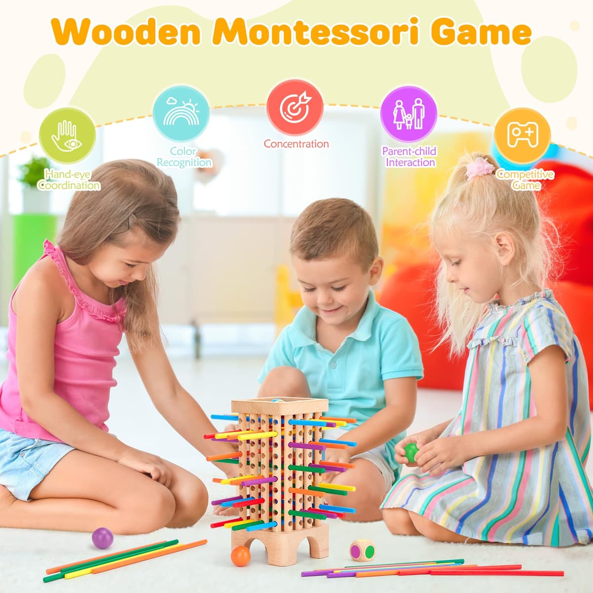 Montessori Game Wooden Board Games, 42 Colorful Wooden Sticks Dice Games Math Educational Toys for 3 4 5 6 Years Old, Fine Motor Skills & Counting Toy, Family Travel Game for Kids Gifts — view 3