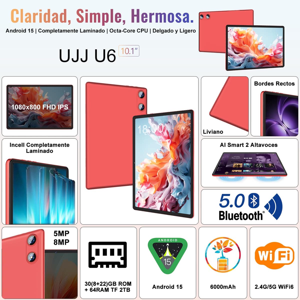 UJJ Tablet Android 15 10 Pulgadas Gemini AI con 64GB ROM + 2TB TF, Octa-Core, 5G WiFi, Widevine L1, GMS, Bluetooth 5.0, 5MP + 8MP, 3.5mm Audio, 1280 * 800 FHD IPS, Tablet con Teclado y Ratón - Rojo — view 2