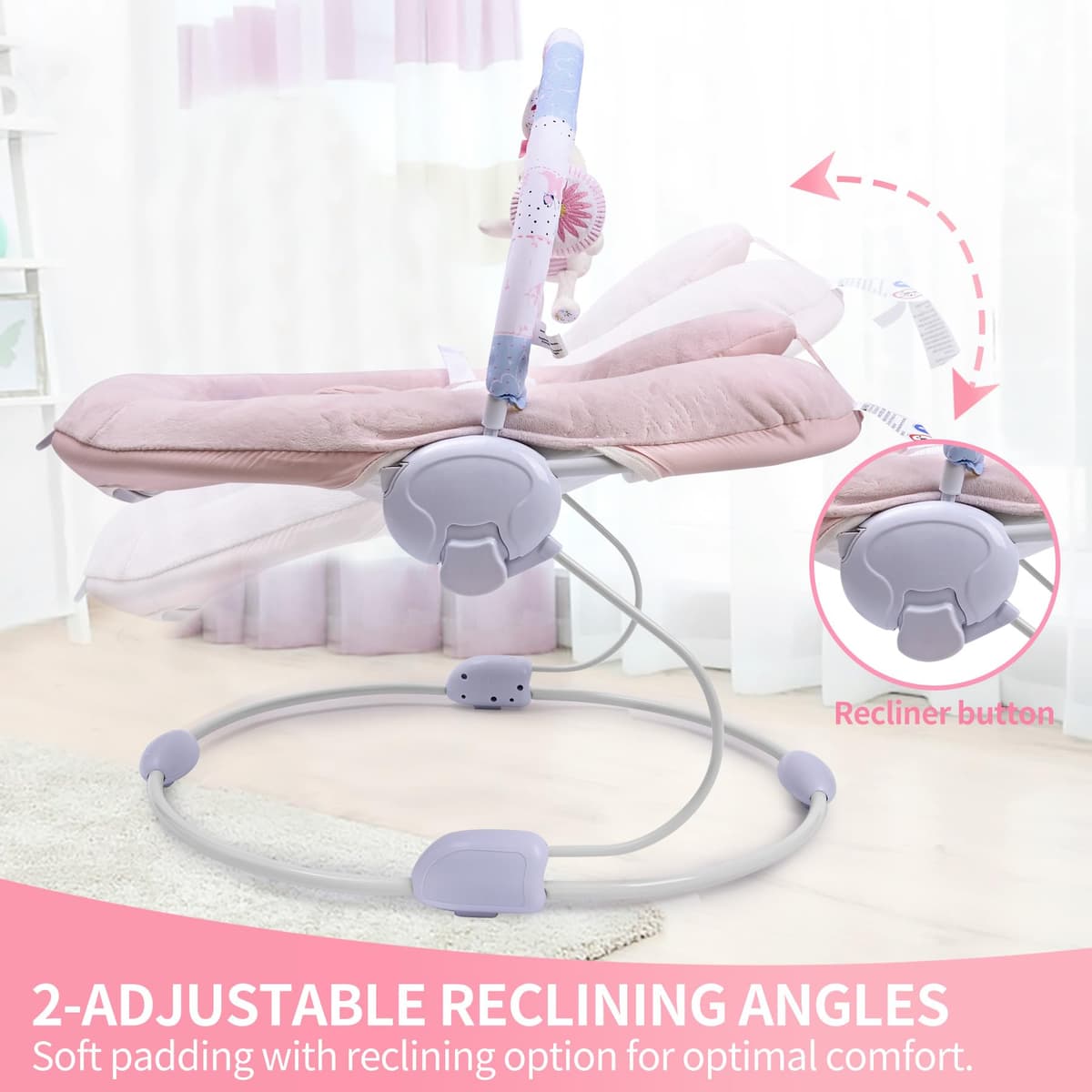 LADIDA Soft and Padded Baby Bouncer with Soothing Music and Vibration, Pretty Pink Rabbit Theme, Suitable for Newborns — view 4