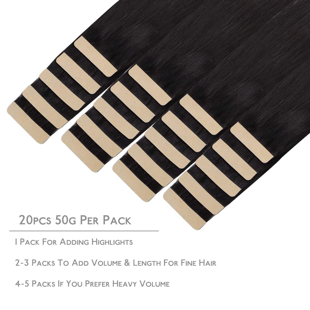 WENNALIFE Tape in Hair Extensions Human Hair, 20inch 20pcs 50g, Natural Black Real Human Hair Extensions, Tape Hair Extensions Silky Straight Skin Weft — view 4
