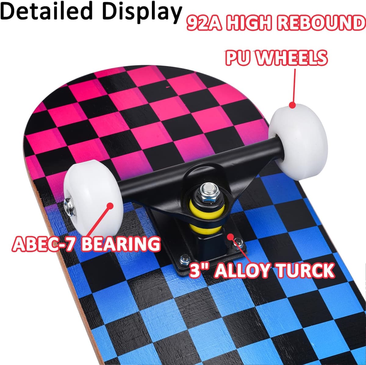 ERNAN Skateboard,Monopatín Completo Profesional de 31 x 8 Pulgadas,7 Capas Monopatín de Madera de Arce con Rodamiento ABEC-7 para Niño Niña/Adulto Principiante. — view 3