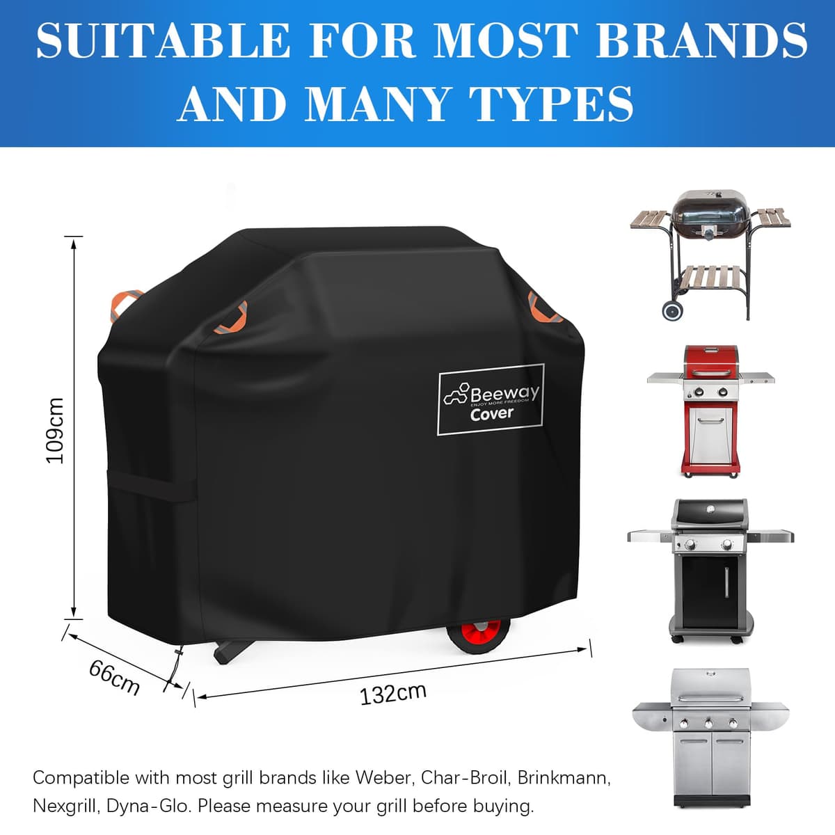 BEEWAY Barbecue Cover, BBQ Grill Cover fits Weber, Brinkmann, Char Broil - Heavy Duty Large BBQ Covers, UV & Waterproof, Rip-proof with Reflective Straps and Storage Bag (132 x 66 x 109cm) — view 5