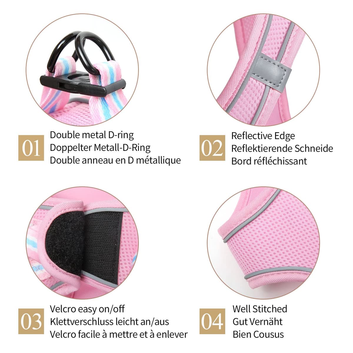 HEELE Arnes Perro Pequeño con Lineas Reflecantes Arnés Perro Antitirones Ajustable Suave Acolchado Cómodo para Viajar Pasear con Mascota, Rosa, S — view 6