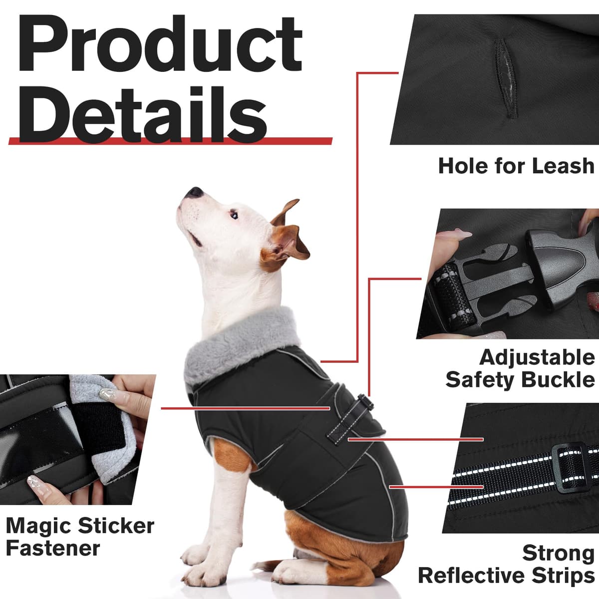 Lelepet Warm Coats and Jackets for Dogs, Waterproof Winter Dog Coat for Cold Weather, Reflective Dog Puffer Jacket, Fleece Lining Pet Coat with Harness Hole for Large Dogs, Black 2XL — view 5