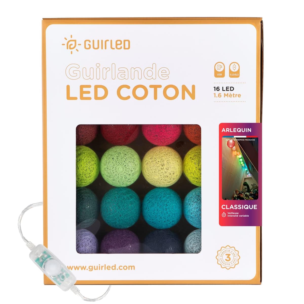 GuirLED - Guirnalda luminosa bolas de algodón LED USB- Luz de noche para bebé 2h - Adaptador de corriente dual USB 2A incluido - 3 intensidades - 16 bolas 1,6m - Byzantin — view 20