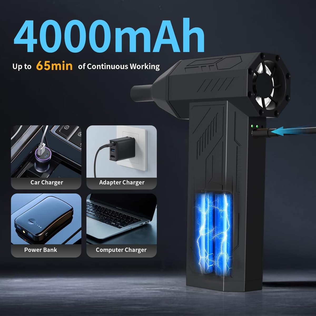 Compressed Air Duster Cleaner for PC, 4 Gear Adjustable 130000RPM Electric Air Duster, Portable Air Dust Blower, Cordless Compressed Air Duster for Computer, Keyboard, Outdoors and House Cleaning — view 3