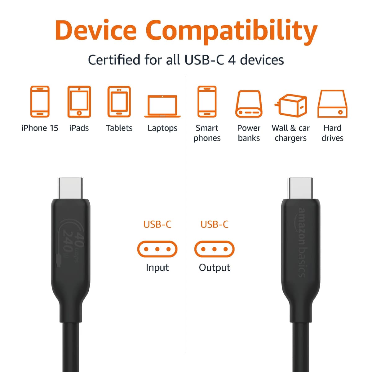 Amazon Basics USB-C to USB-C 4 Fast Charger Cable, 40 Gbps, 8K Video, 240W, USB-IF Cert, Thunderbolt 4/3 Compatible, for Apple iPhone 16/15, iPad, Samsung Galaxy, Tablets, Laptops, 1 m, Black — view 3