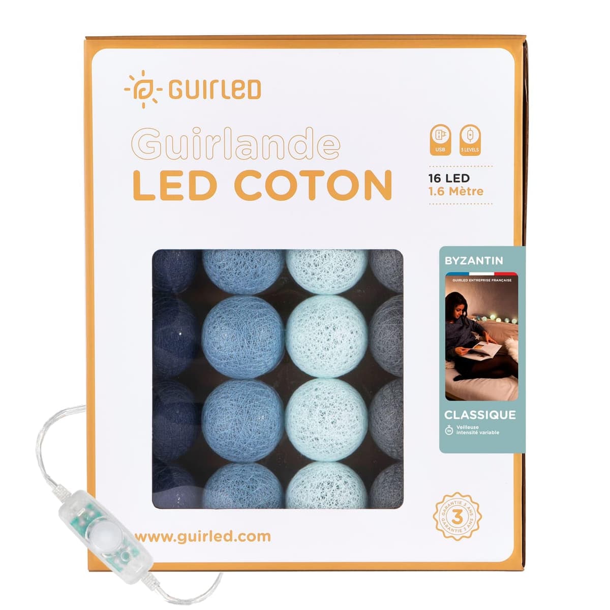 GuirLED - Guirnalda luminosa bolas de algodón LED USB- Luz de noche para bebé 2h - Adaptador de corriente dual USB 2A incluido - 3 intensidades - 16 bolas 1,6m - Byzantin