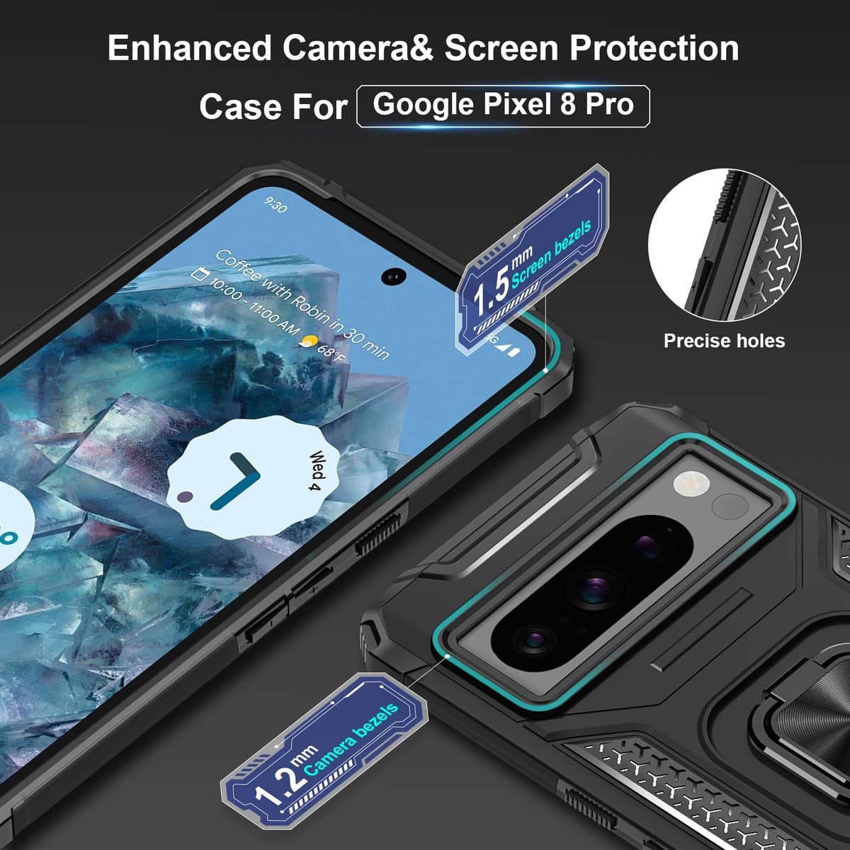 Funda para CMF Phone 2 Pro, Carcasa Antigolpes con Soporte anular metálico, Case Protectora de Grado Militar, Negro — view 748